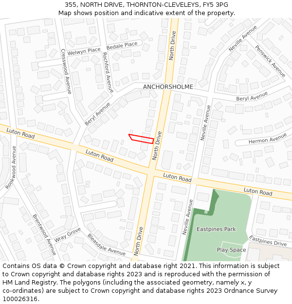 355, NORTH DRIVE, THORNTON-CLEVELEYS, FY5 3PG: Location map and indicative extent of plot