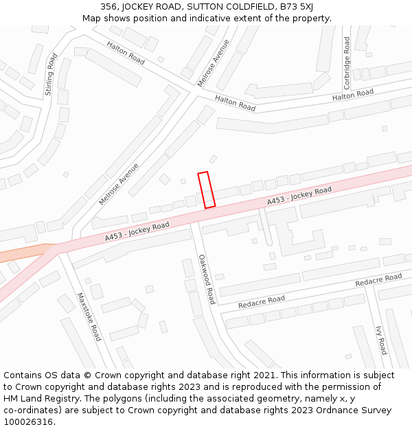 356, JOCKEY ROAD, SUTTON COLDFIELD, B73 5XJ: Location map and indicative extent of plot