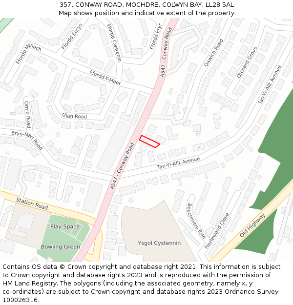 357, CONWAY ROAD, MOCHDRE, COLWYN BAY, LL28 5AL: Location map and indicative extent of plot