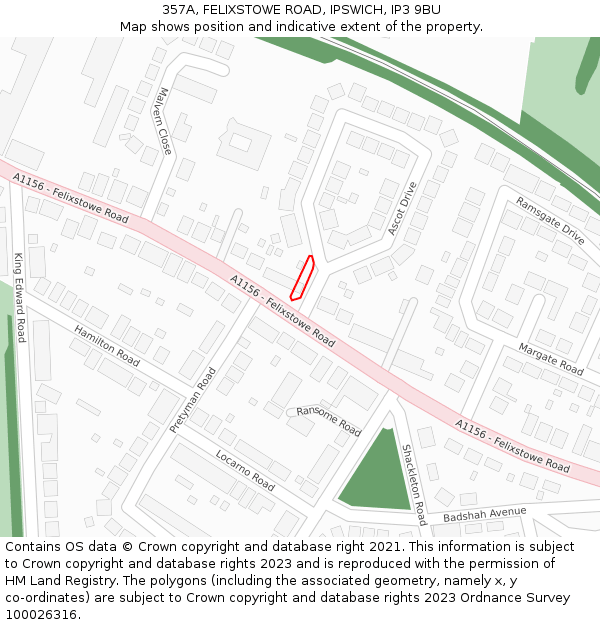 357A, FELIXSTOWE ROAD, IPSWICH, IP3 9BU: Location map and indicative extent of plot