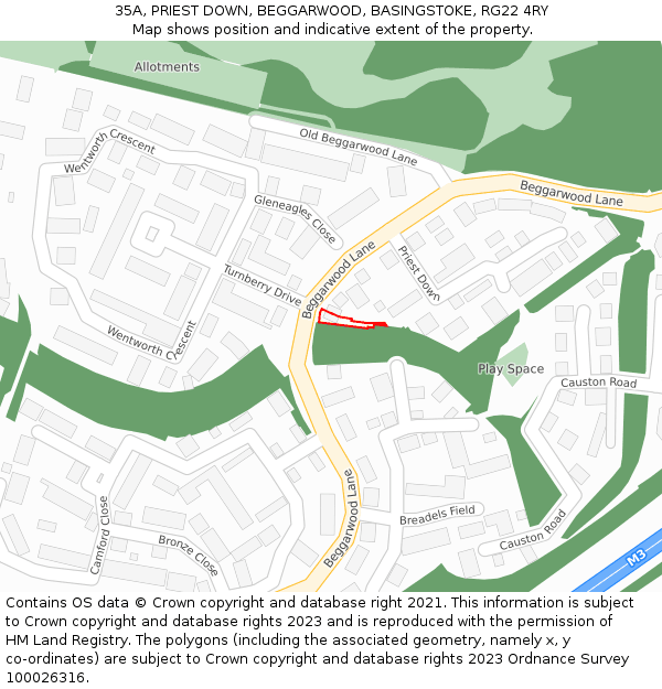 35A, PRIEST DOWN, BEGGARWOOD, BASINGSTOKE, RG22 4RY: Location map and indicative extent of plot