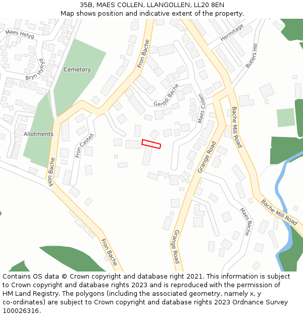 35B, MAES COLLEN, LLANGOLLEN, LL20 8EN: Location map and indicative extent of plot