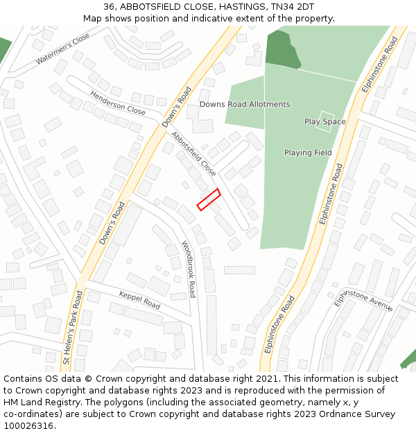 36, ABBOTSFIELD CLOSE, HASTINGS, TN34 2DT: Location map and indicative extent of plot