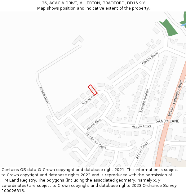 36, ACACIA DRIVE, ALLERTON, BRADFORD, BD15 9JY: Location map and indicative extent of plot