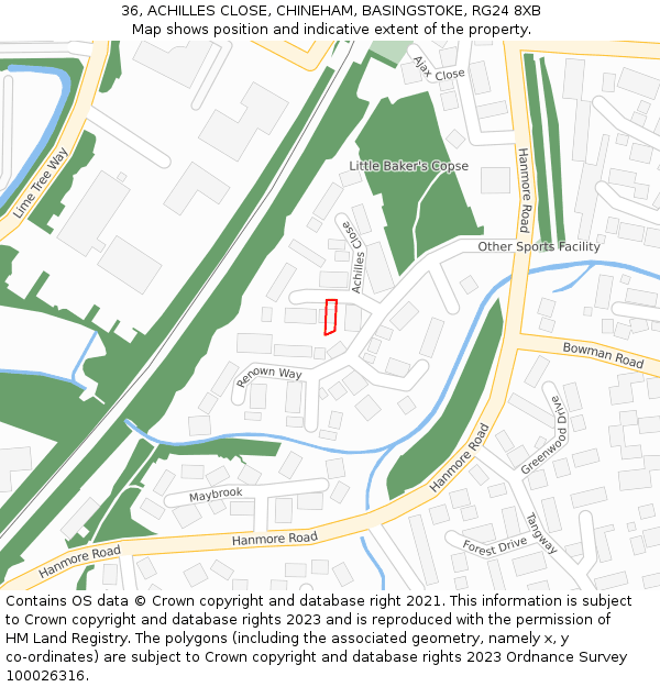 36, ACHILLES CLOSE, CHINEHAM, BASINGSTOKE, RG24 8XB: Location map and indicative extent of plot