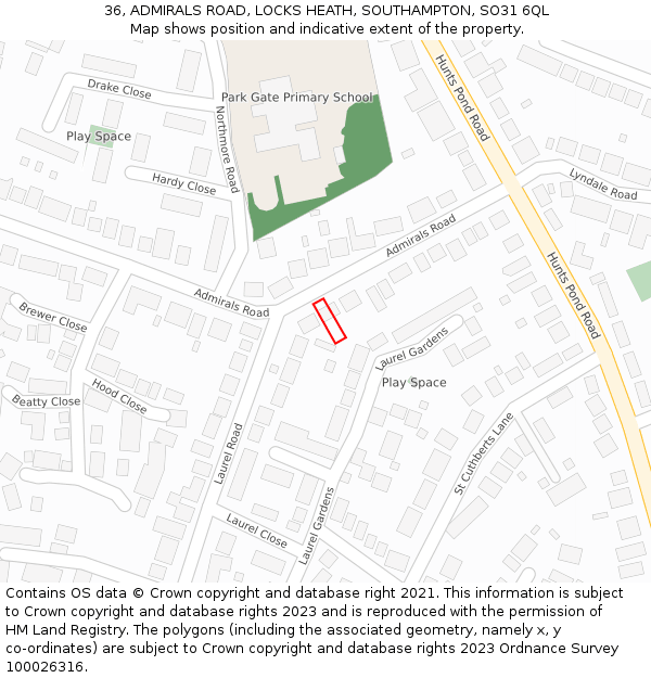 36, ADMIRALS ROAD, LOCKS HEATH, SOUTHAMPTON, SO31 6QL: Location map and indicative extent of plot