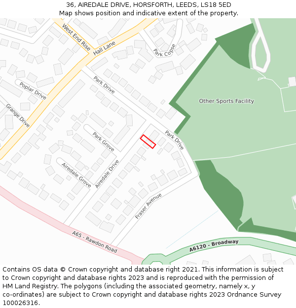 36, AIREDALE DRIVE, HORSFORTH, LEEDS, LS18 5ED: Location map and indicative extent of plot