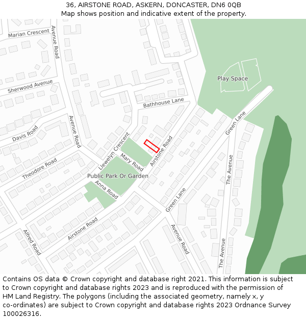 36, AIRSTONE ROAD, ASKERN, DONCASTER, DN6 0QB: Location map and indicative extent of plot