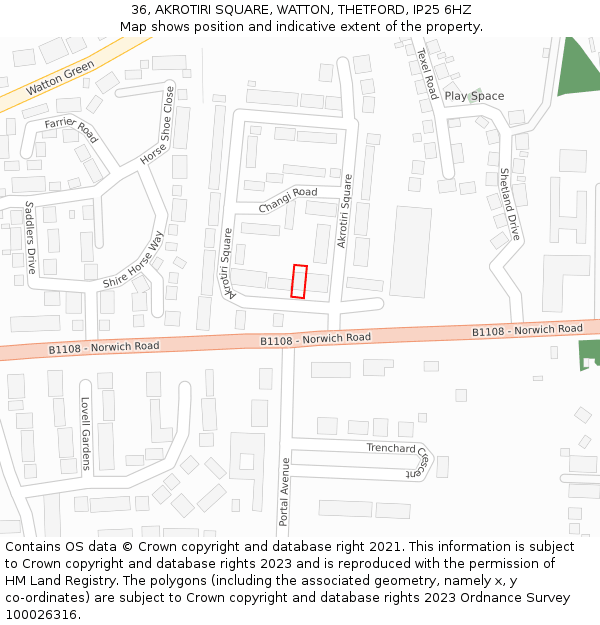 36, AKROTIRI SQUARE, WATTON, THETFORD, IP25 6HZ: Location map and indicative extent of plot