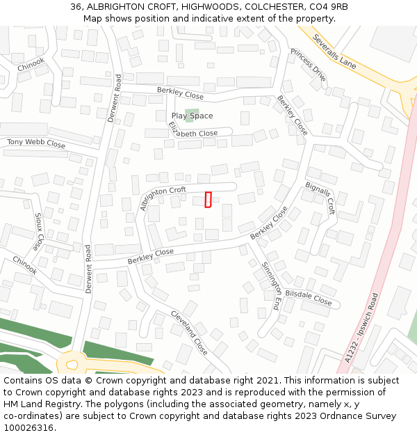 36, ALBRIGHTON CROFT, HIGHWOODS, COLCHESTER, CO4 9RB: Location map and indicative extent of plot