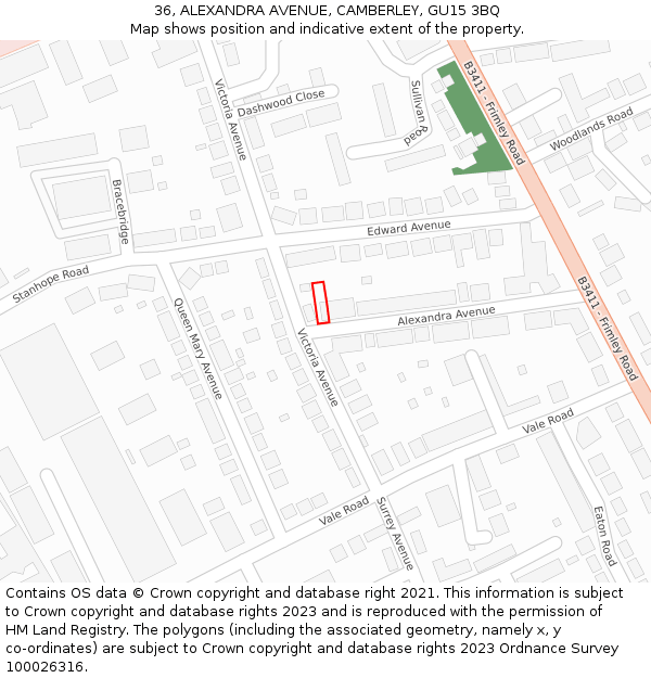 36, ALEXANDRA AVENUE, CAMBERLEY, GU15 3BQ: Location map and indicative extent of plot