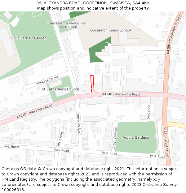 36, ALEXANDRA ROAD, GORSEINON, SWANSEA, SA4 4NN: Location map and indicative extent of plot