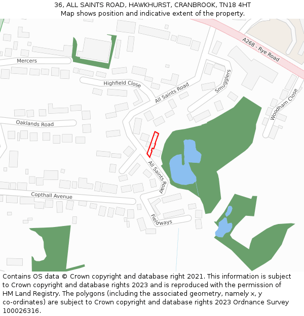 36, ALL SAINTS ROAD, HAWKHURST, CRANBROOK, TN18 4HT: Location map and indicative extent of plot