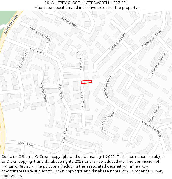 36, ALLFREY CLOSE, LUTTERWORTH, LE17 4FH: Location map and indicative extent of plot