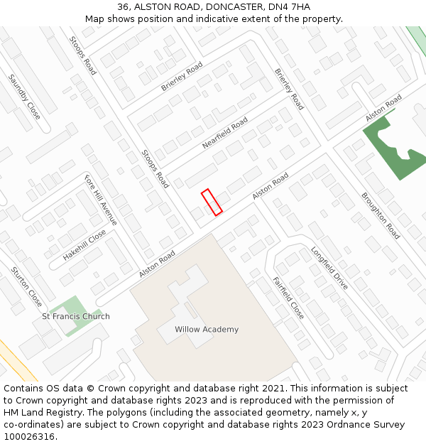 36, ALSTON ROAD, DONCASTER, DN4 7HA: Location map and indicative extent of plot