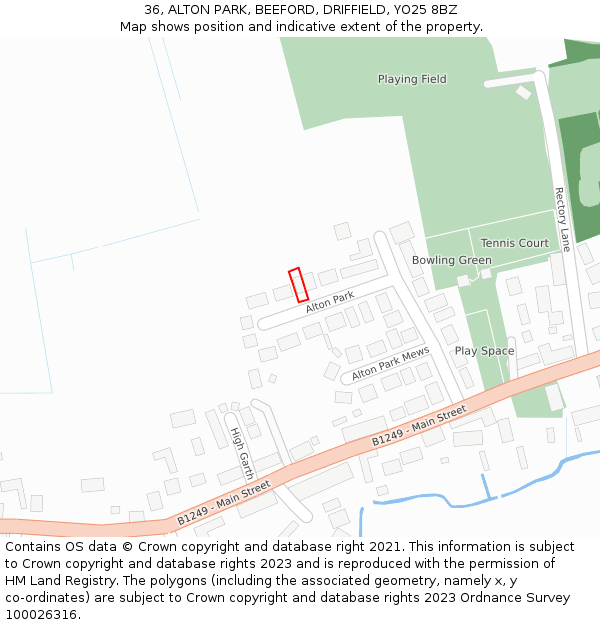 36, ALTON PARK, BEEFORD, DRIFFIELD, YO25 8BZ: Location map and indicative extent of plot