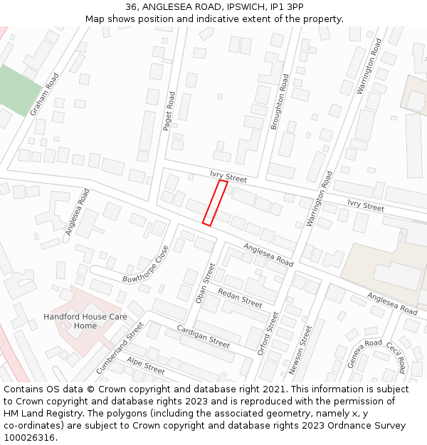 36, ANGLESEA ROAD, IPSWICH, IP1 3PP: Location map and indicative extent of plot