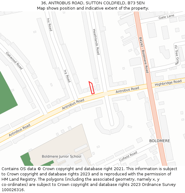 36, ANTROBUS ROAD, SUTTON COLDFIELD, B73 5EN: Location map and indicative extent of plot