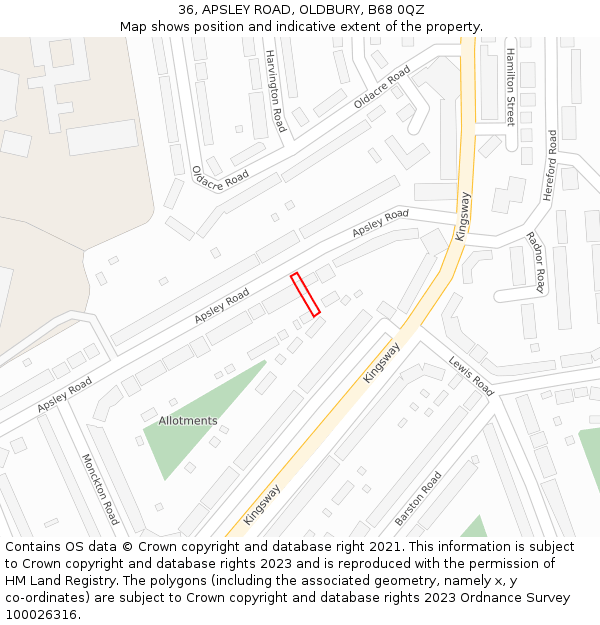 36, APSLEY ROAD, OLDBURY, B68 0QZ: Location map and indicative extent of plot