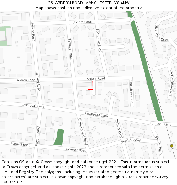 36, ARDERN ROAD, MANCHESTER, M8 4NW: Location map and indicative extent of plot