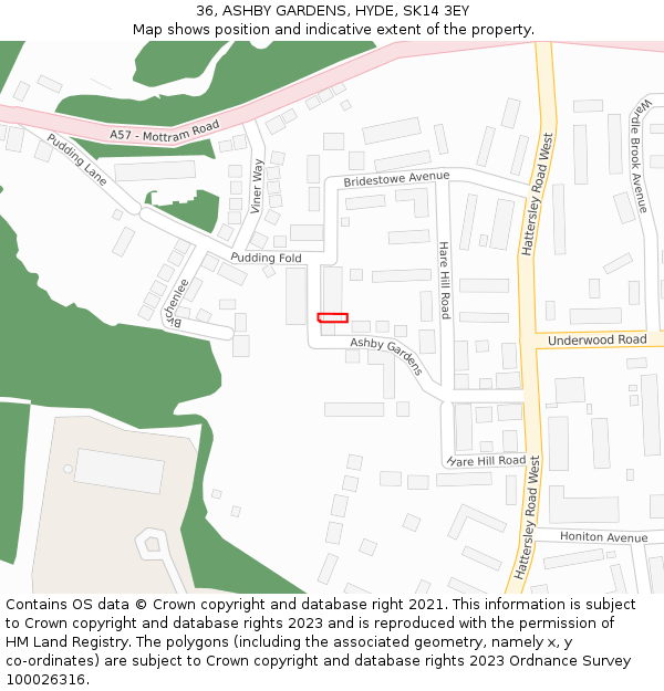 36, ASHBY GARDENS, HYDE, SK14 3EY: Location map and indicative extent of plot