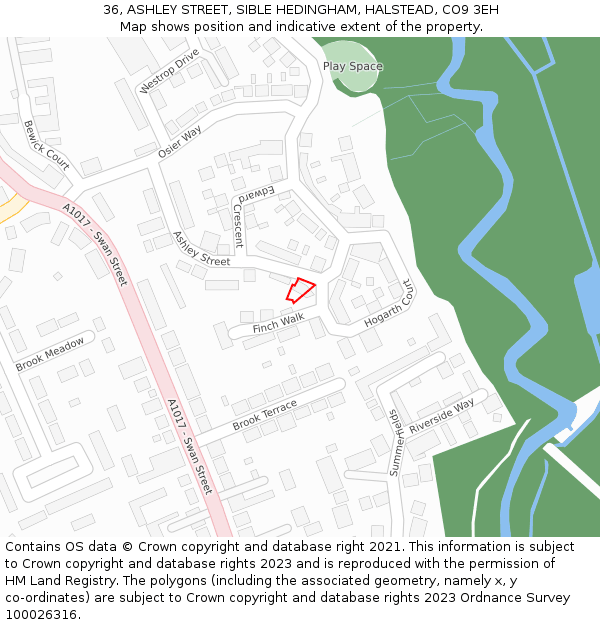 36, ASHLEY STREET, SIBLE HEDINGHAM, HALSTEAD, CO9 3EH: Location map and indicative extent of plot