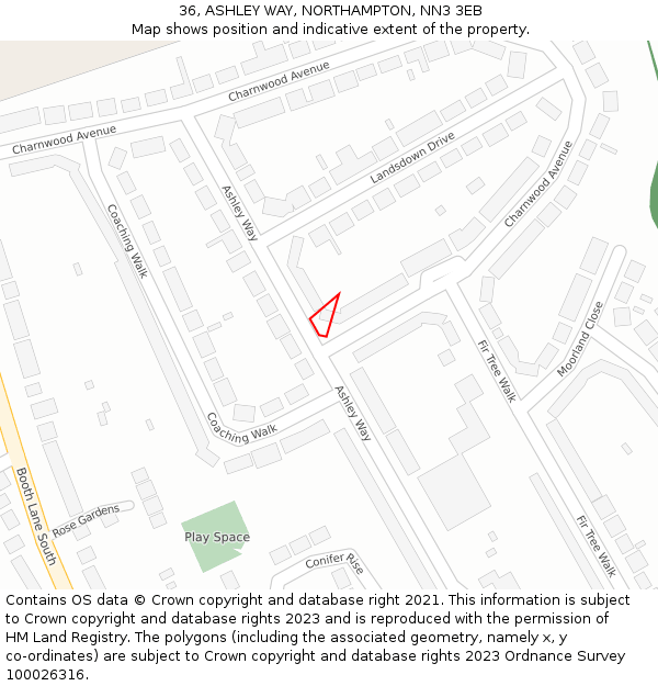 36, ASHLEY WAY, NORTHAMPTON, NN3 3EB: Location map and indicative extent of plot