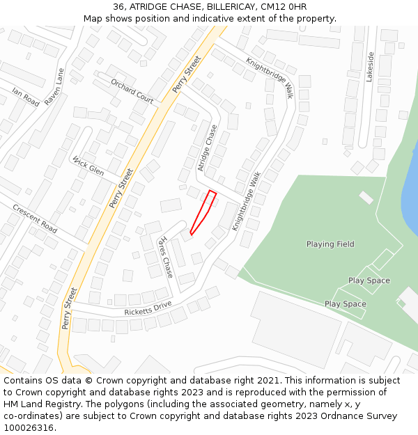 36, ATRIDGE CHASE, BILLERICAY, CM12 0HR: Location map and indicative extent of plot
