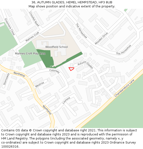 36, AUTUMN GLADES, HEMEL HEMPSTEAD, HP3 8UB: Location map and indicative extent of plot