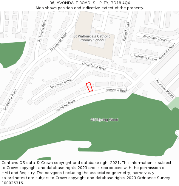 36, AVONDALE ROAD, SHIPLEY, BD18 4QX: Location map and indicative extent of plot