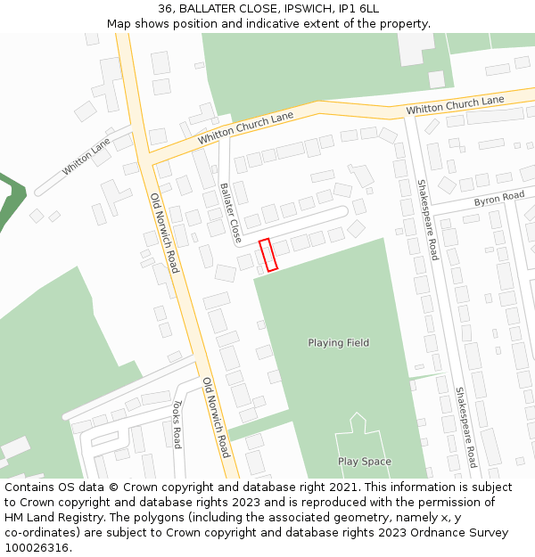 36, BALLATER CLOSE, IPSWICH, IP1 6LL: Location map and indicative extent of plot