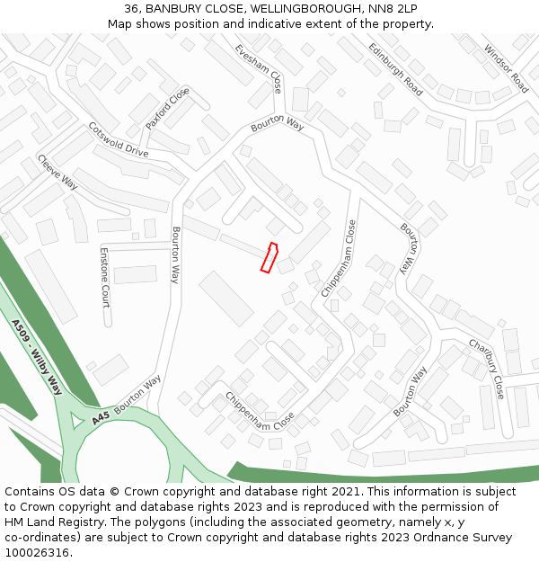 36, BANBURY CLOSE, WELLINGBOROUGH, NN8 2LP: Location map and indicative extent of plot