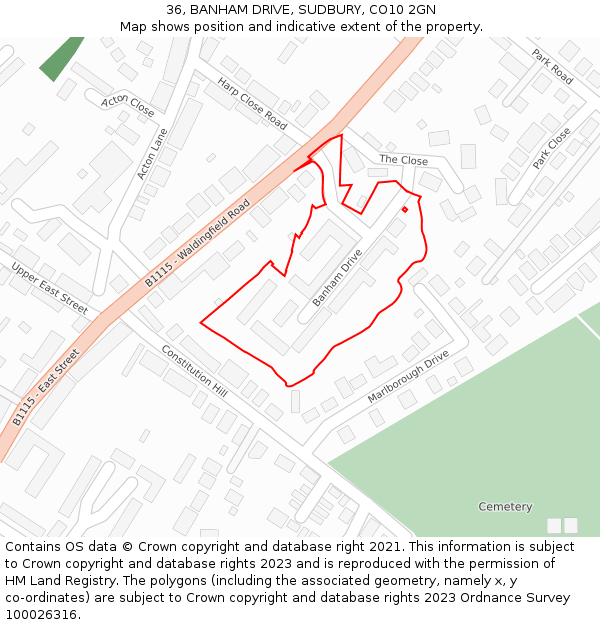 36, BANHAM DRIVE, SUDBURY, CO10 2GN: Location map and indicative extent of plot