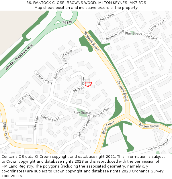 36, BANTOCK CLOSE, BROWNS WOOD, MILTON KEYNES, MK7 8DS: Location map and indicative extent of plot