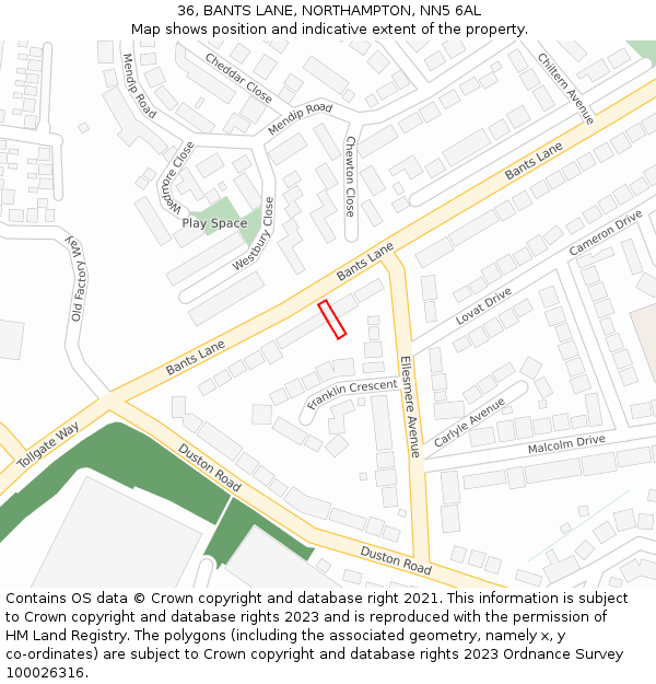 36, BANTS LANE, NORTHAMPTON, NN5 6AL: Location map and indicative extent of plot