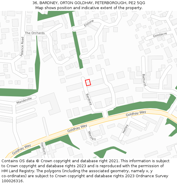 36, BARDNEY, ORTON GOLDHAY, PETERBOROUGH, PE2 5QG: Location map and indicative extent of plot