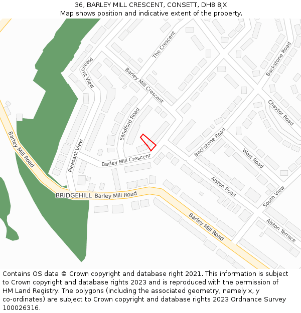 36, BARLEY MILL CRESCENT, CONSETT, DH8 8JX: Location map and indicative extent of plot