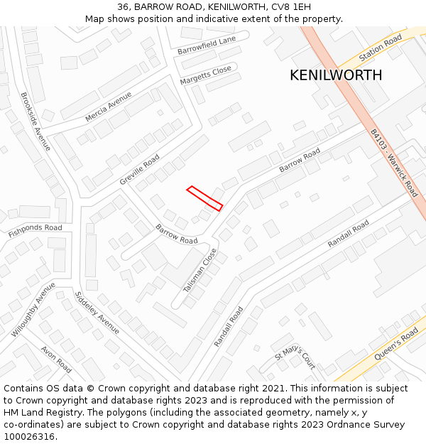 36, BARROW ROAD, KENILWORTH, CV8 1EH: Location map and indicative extent of plot