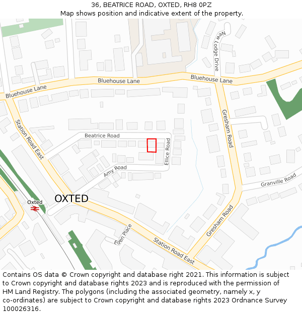 36, BEATRICE ROAD, OXTED, RH8 0PZ: Location map and indicative extent of plot