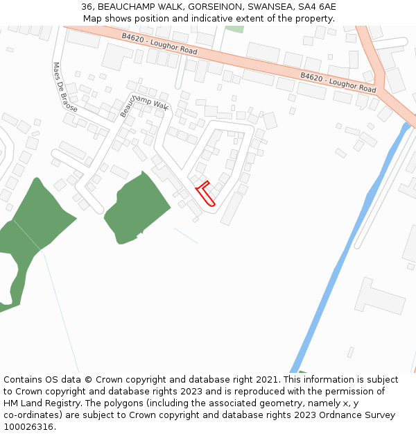 36, BEAUCHAMP WALK, GORSEINON, SWANSEA, SA4 6AE: Location map and indicative extent of plot