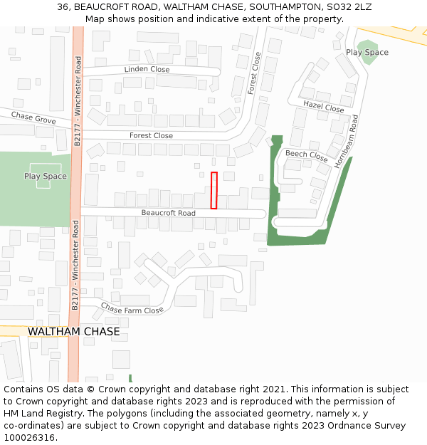 36, BEAUCROFT ROAD, WALTHAM CHASE, SOUTHAMPTON, SO32 2LZ: Location map and indicative extent of plot