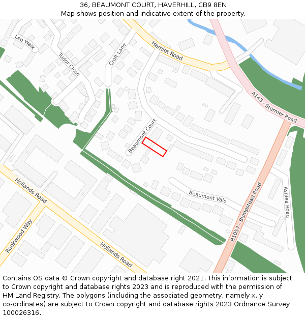 36, BEAUMONT COURT, HAVERHILL, CB9 8EN: Location map and indicative extent of plot