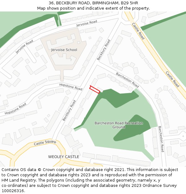 36, BECKBURY ROAD, BIRMINGHAM, B29 5HR: Location map and indicative extent of plot