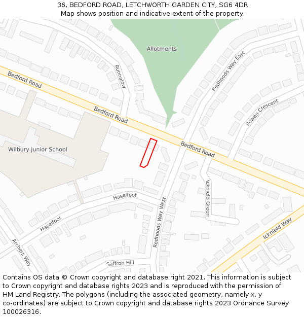 36, BEDFORD ROAD, LETCHWORTH GARDEN CITY, SG6 4DR: Location map and indicative extent of plot