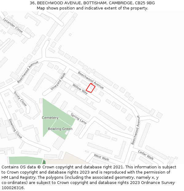 36, BEECHWOOD AVENUE, BOTTISHAM, CAMBRIDGE, CB25 9BG: Location map and indicative extent of plot