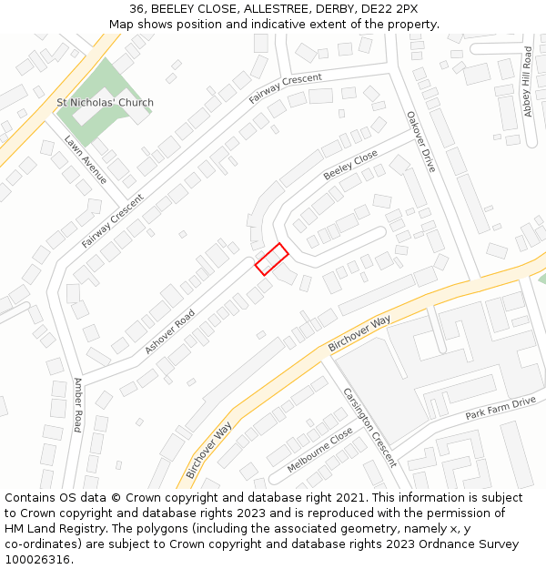 36, BEELEY CLOSE, ALLESTREE, DERBY, DE22 2PX: Location map and indicative extent of plot