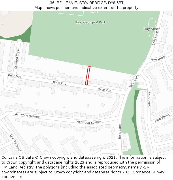 36, BELLE VUE, STOURBRIDGE, DY8 5BT: Location map and indicative extent of plot