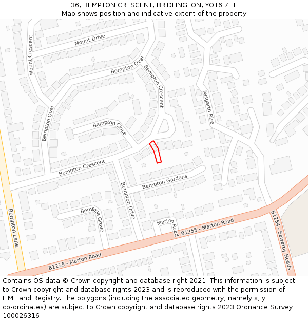 36, BEMPTON CRESCENT, BRIDLINGTON, YO16 7HH: Location map and indicative extent of plot