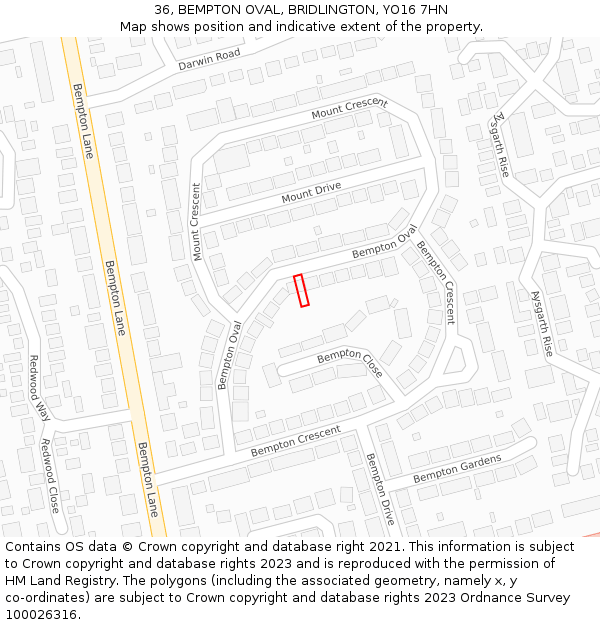 36, BEMPTON OVAL, BRIDLINGTON, YO16 7HN: Location map and indicative extent of plot