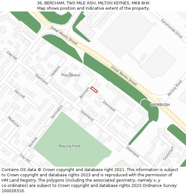 36, BERCHAM, TWO MILE ASH, MILTON KEYNES, MK8 8HX: Location map and indicative extent of plot